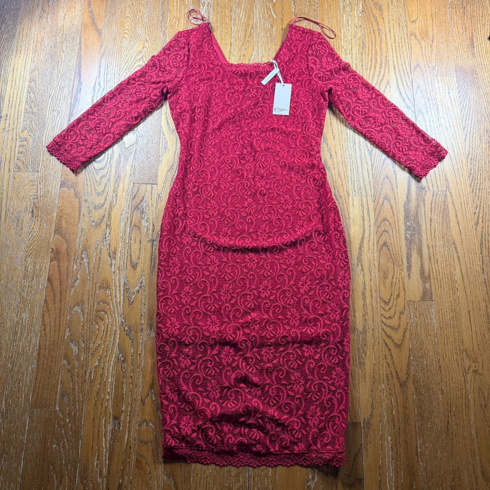 Candies Red Floral Lace Sheath Dress Square Neck Midi NWT Womens M Whimsygoth